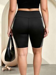 SHEIN Unity Women's Plus Size Colorblock Patchwork Sports Shorts With Pockets - Black - View 5