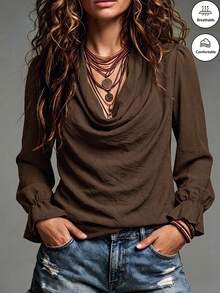 SHEIN Women's Brown Cowl Neck Long Sleeve Elegant Casual Blouse - Coffee Brown - View 1