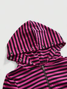 ROMWE Grunge Punk طقم كاجوال يومي للنساء مكون من سويت شيرت بغطاء رأس وأكمام طويلة بتصميم مخطط وألوان متباينة وبنطال واسع الساق - وردي - مشاهدة 4