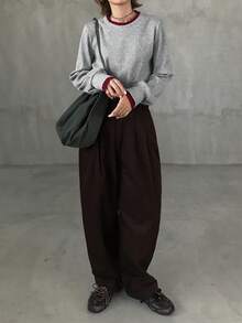 FRIFUL Kaos Kasual Lengan Panjang Bergaris Warna Blok untuk Wanita, Motif Musim Gugur - Grey - View 4