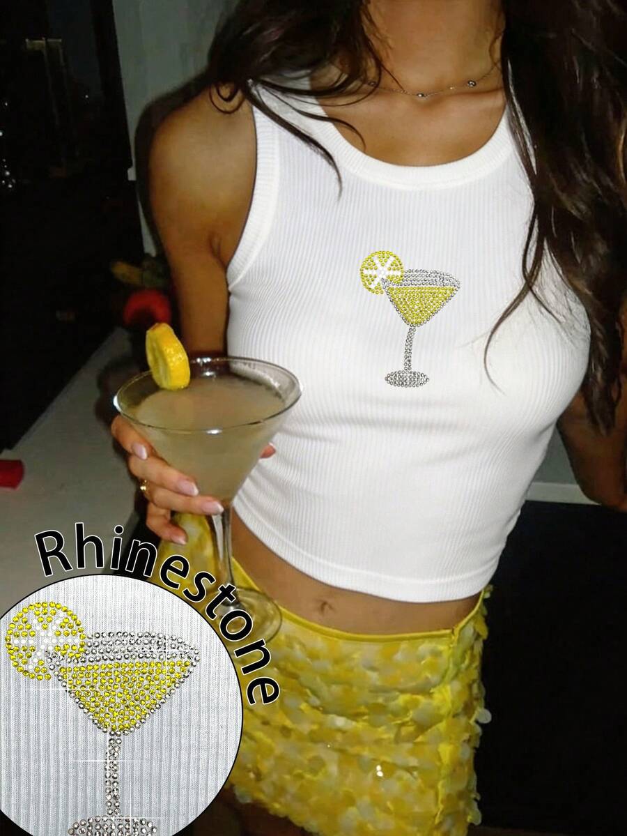 SHEIN Women's Fashion Rhinestone Cocktail Glass Pattern Round Neck Tank Top - White - View 1