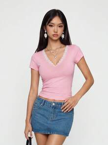 Rina Fox Áo thun nữ dáng ôm cổ chữ V tay ngắn phối ren, kiểu dáng thường ngày. - Hồng - Xem 7