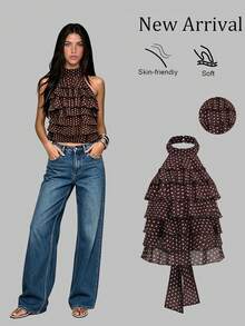 Sweetra Spring/Summer Fashion Niche Brown Chiffon Polka Dot Halter Neck Multi-Layer Ruffle Sweet Style Lightweight Vacation Sexy Backless Tie-Up Women's Tank Top - Brown - View 3