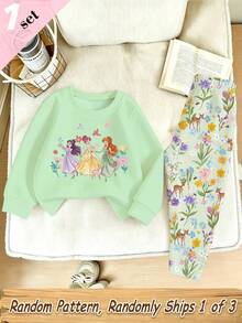 SHEIN Young Girls Baby Cartoon Princess Pattern Star Print Crew Neck Sweatshirt Leggings Set 7th Birthday Pink White Autumn - Multicolor - View 4