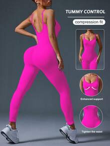 SHEIN Sports 女款純色休閒百搭運動連身褲 - Red Plum - 查看 2