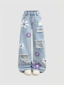 Girlism 青少年女孩拼接刺繡破洞鈕扣口袋牛仔長褲 - 紫色 - 查看 3