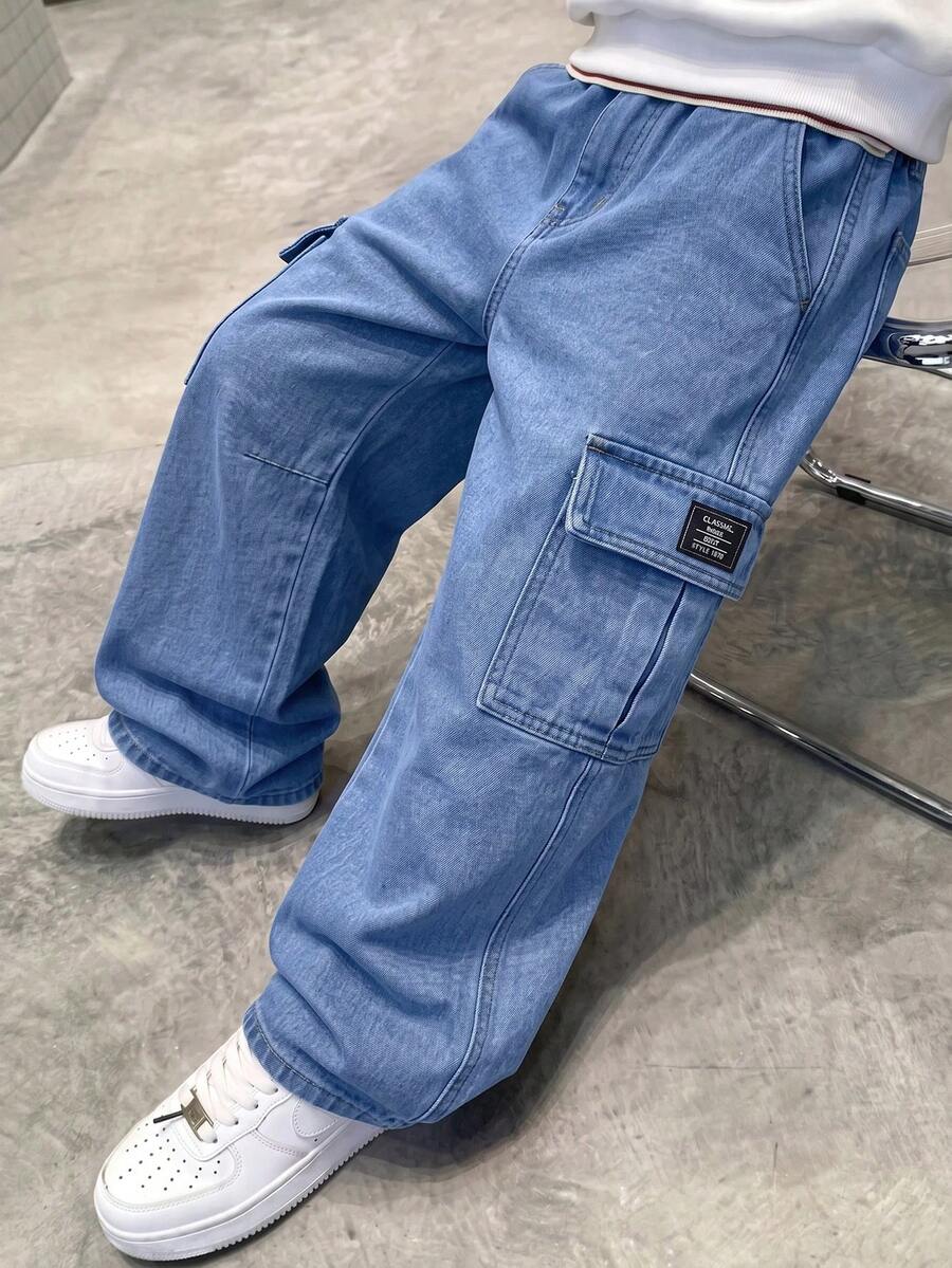 SHEIN 青少年男孩休閒水洗直筒工裝牛仔長褲 - 中等水洗藍 - 查看 1