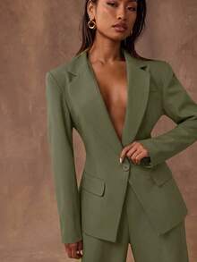 SHEIN BAE طقم بدلة نسائية بلون موحد مع جاكيت بأكمام طويلة وزر واحد وبنطلون - أخضر عسكري - مشاهدة 7