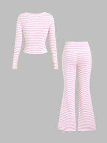 Sweetra Women's Sweet Minimalist Y2k Cute Sexy Vintage Striped Design 2 In 1 Spliced Long Sleeve Two Pieces Set Lounge Pink Stripe Autumn - Pink - View 2