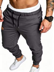 Manfinity Homme Pantalones para hombre con detalle de parches y cintura con cordón - Gris Oscuro - Ver 3
