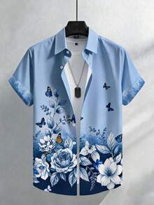 NEOREFINED 男士花卉蝴蝶印花短袖襯衫，休閒熱帶百搭日常襯衫，海灘度假藍色花卉夏季款 - 藍色 - 查看 1