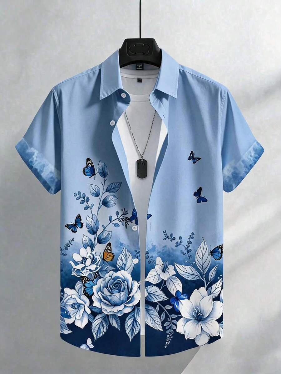 NEOREFINED 男士花卉蝴蝶印花短袖襯衫,休閒熱帶百搭日常襯衫,海灘度假藍色花卉夏季款 - 藍色 - 查看 1