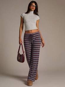 Aloruh Women's Autumn/Winter New Ultra Low Waist Brown Striped Long Pants - Multicolor - View 5