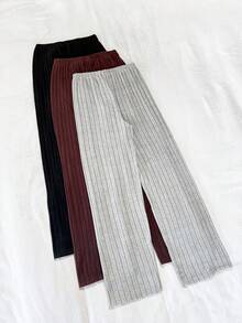 Napfluff Women's 3 PiecesPajama Bottoms Set, Knitted Ribbed Brushed Fabric, Bowknot Cute Casual Minimalist Fashionable Wearable Long Pants - Multicolor - View 4