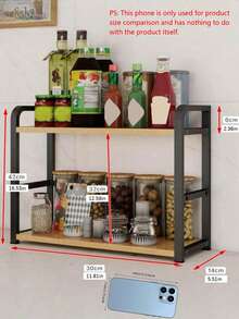 1-Piece Nordic Style Double-Layer Kitchen Storage Rack - Wooden And Iron Storage Rack, Suitable For Storing Dishes, Pots, Pans, Seasonings, And Vegetables | Frees Up Countertop Space, Suitable For Small Apartments | Stable Design Without Drilling - Multicolor - View 3