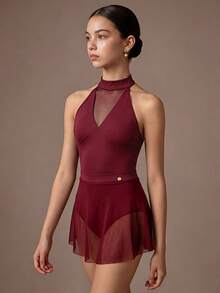 SHEIN 2pcs/Set Girls Ballet Performance Costume, Elegant Stand Collar Jumpsuit With Tulle Skirt, Suitable For School Performance, Dance Training, Competition, All Seasons, Back To School College - Burgundy - View 5