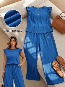 SHEIN Clasi طقم نسائي مقاس كبير بلون كاكي، قميص بأكمام جرس مجعدة بتصميم فقاعي وبنطال واسع الساق بخصر مطاطي، 2 قطعة - أزرق غامق - مشاهدة 6