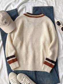 SHEIN Teen Girls Fashion Mid-Length Knit Cardigan, Contrast Color Striped Decor Cable Knit Sweater Jacket, Autumn/Winter Casual Style - Khaki - View 2