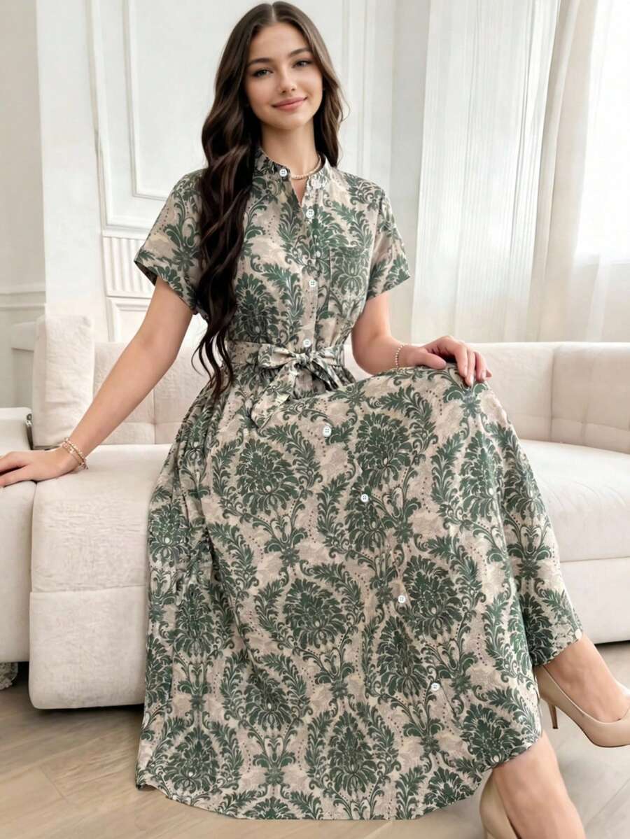 SHEIN 青少年女孩 1件 優雅鼠尾草綠秋季襯衫迷你洋裝，畢業穿搭