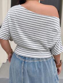 Muchica Plus Size Summer Casual Striped Asymmetric Collar T-Shirt - Light Grey - View 2