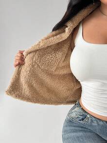 SHEIN SXY Khaki Fur Trim Metal Buckle Decor Short Slim Fit Jacket Winter - Khaki - View 8