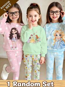 SHEIN Young Girls Baby Cartoon Princess Pattern Star Print Crew Neck Sweatshirt Leggings Set 7th Birthday Pink White Autumn - Multicolor - View 1