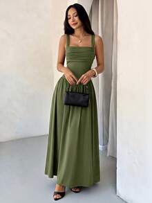 SHEIN PETITE 女款優雅純色咖啡棕方領喇叭裙，春夏款 - 橄欖綠 - 查看 5