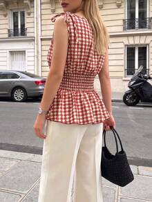 Selenza Fashionable Summer Women's New Red & White Plaid Off-Shoulder Bowknot Waist-Cinching Ruffle Hem Short Tank Top - Red - View 3