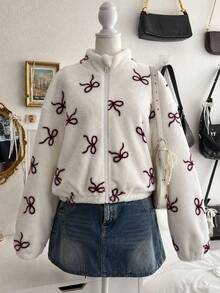 SHEIN 1件少女立領拉鍊毛飾夾克，滿版愛心印花，休閒夾克上衣，適合秋冬 - 白色 - 查看 2