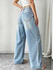 Resyla Women's Casual Denim Effect Print Button Pocket Loose Long Pants - Multicolor - View 2