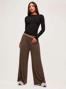 SHEIN BASICS Plus Size Casual Baggy Traditional Elegant Versatile Solid Color Loose Pants Lounge Formal Office Home Wear Vacation Brown Autumn - Brown - View 5