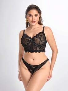 Slumbrini 2pcs Plus Size Elegant Sexy Lace Lingerie Set, Lift Gothic Lingerie Set Lace Bra Set Black Lace Bra Set - Black - View 7
