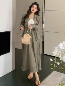 DAZY Women's Casual Commute Solid Color Shirt And Skirt 2 Pieces Set Fall - Khaki - View 6