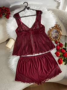 ZzzCrew Plus Size Women's Mesh Underwire Thin Cup Sheer Sexy Lingerie Set - Burgundy - View 7