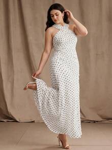 Anewsta Gaun Plus Size Musim Semi/Gugur Elegan Bergaya Surgawi untuk Pernikahan, Pesta, Acara Santai, Gaun Maxi Panjang Formal Putih dengan Leher Halter dan Detail Kerut yang Seksi - Putih - View 1