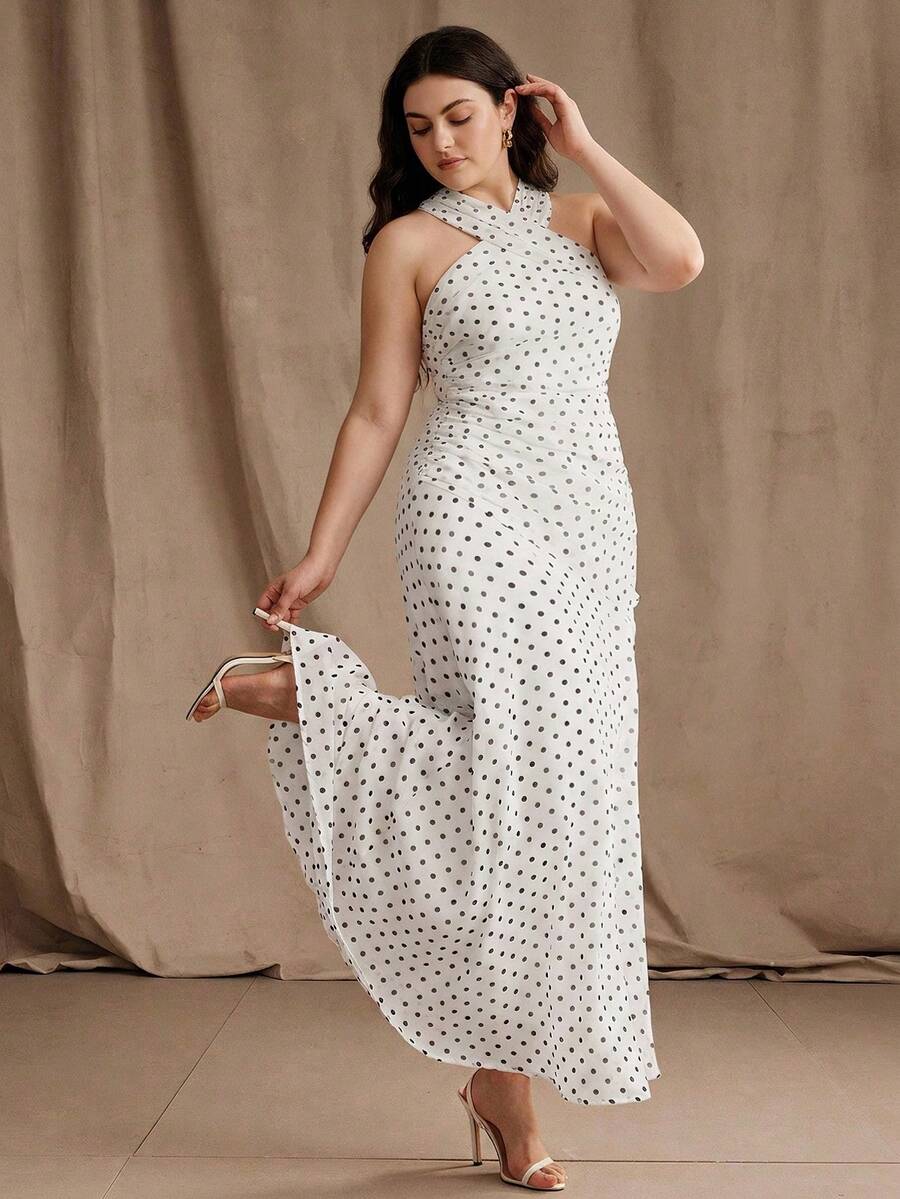 Anewsta Gaun Plus Size Musim Semi/Gugur Elegan Bergaya Surgawi untuk Pernikahan, Pesta, Acara Santai, Gaun Maxi Panjang Formal Putih dengan Leher Halter dan Detail Kerut yang Seksi - Putih - View 1