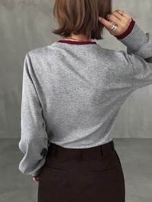 FRIFUL Kaos Kasual Lengan Panjang Bergaris Warna Blok untuk Wanita, Motif Musim Gugur - Grey - View 2