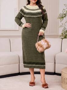 Modelyn Plus Size Casual Knit Dress For Autumn/Winter - Army Green - View 7