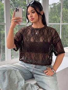 SHEIN EZwear Plus Size Women's Embroidered Elegant Sheer T-Shirt For Vacation And Party - Brown - View 2