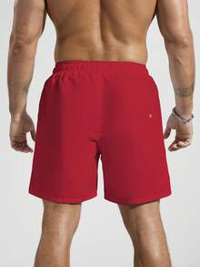 Manfinity KASUA Men's Solid Color Elastic Waist Drawstring Pocket Casual Summer Beach Shorts, Holiday - Red - View 2