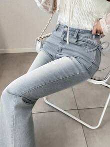 DAZY Women's Sweet Mesh Patchwork Bowknot Lace-Up Button Flared Jeans Fall - Blue - View 7