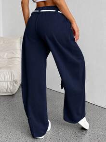 SHEIN PETITE Women's Elastic Waist Star Print Wide Leg Curved Hem Pants - Navy Blue - View 2