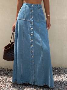 DAZY Solid Color Loose A-Line Maxi Casual 2000s Vacation Denim Skirt For Women, Autumn Vacation Blue - Blue - View 3