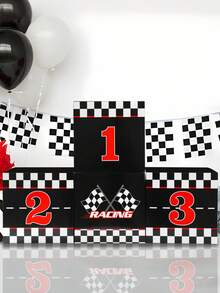 4-Pcs Easy-Assembly Foldable 10.63-Inch (27cm) Sturdy Cardboard Black And White Checkered Racing Podium Boxes, Ideal For Sports Theme Birthday Party, Photo Booth Backdrop, Table Centerpiece, Race Car Celebrations, Great Party Favors And Decorations. - Multicolor - View 5