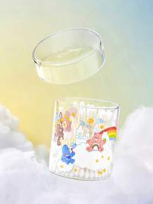 SHEIN X Care Bears 高硼矽玻璃儲存罐，卡通印花，透明化妝品收納盒，適用於棉片、棉棒、牙線、牙籤，可愛桌面收納容器，適合浴室梳妝台使用 - 無色 - 查看 3