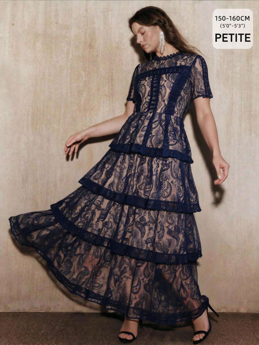 Anewsta Petite Summer New Short Sleeve Navy Blue Multi-Layer Lace Ruffle Hem Elegant Versatile Long Dress - Navy Blue - View 1