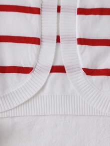 Tween Girl Red Striped Bow Decor Knitted Cardigan - Red - View 4