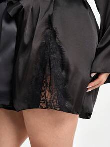Slumbrini Plus Size Women's Eyelash Lace Patchwork Satin Robe & Nightgown 3-Piece Set - Black - View 13