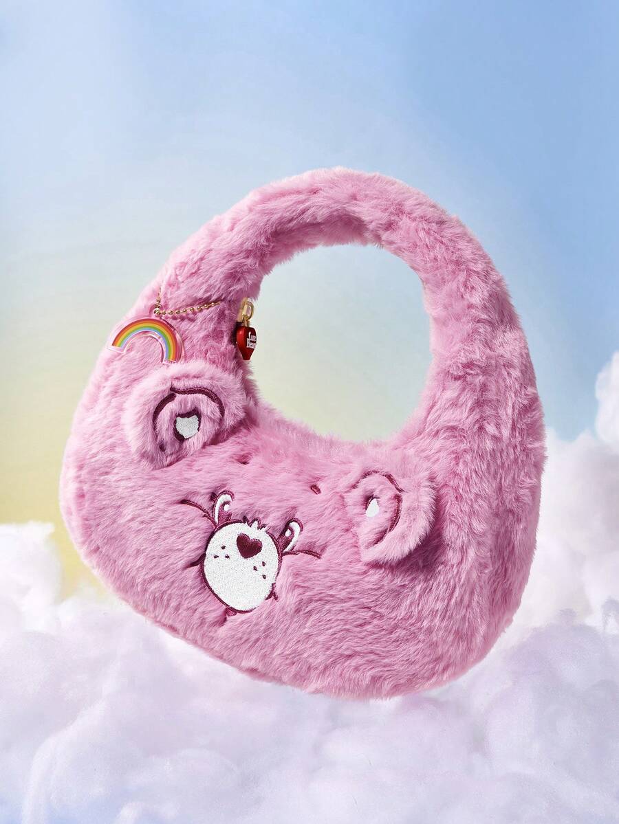SHEIN X Care Bears 可愛3D耳朵刺繡毛絨熊手提包,柔軟觸感,大容量,適合日常通勤與休閒外出 - 粉色 - 查看 1