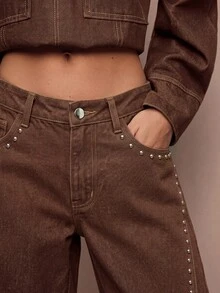 SHEIN BAE Women's Beaded Decor Curved Leg Jeans - Brown - View 4